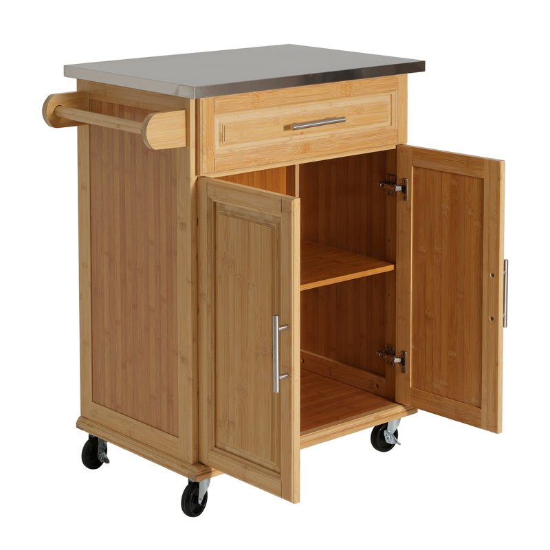 Indoor Compact Bamboo Rolling Kitchen Cart with Stainless Steel Top – Mobile Storage Island with Drawer & Cabinet for Small Spaces