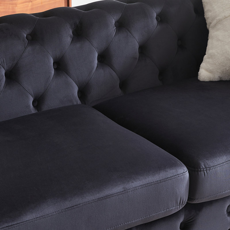 Velours contemporain à 6 places avec boutons à main, coussins à ressorts et structure en pin, Noir