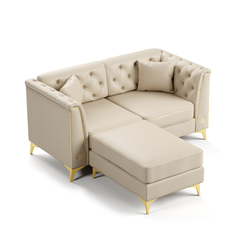 Causeuse 2 places avec 2 coussins et 1 repose-pieds, Beige Faux Leather