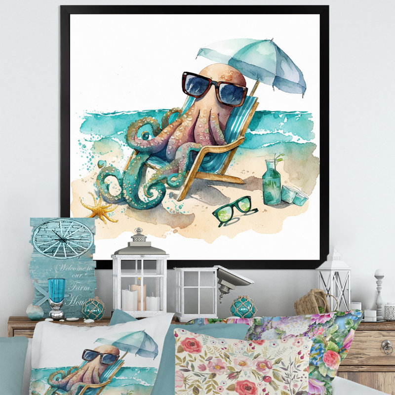 Pieuvre sur la plage I - décoration murale bord de mer, Cadre photo noir, H 16 po x l 16 po