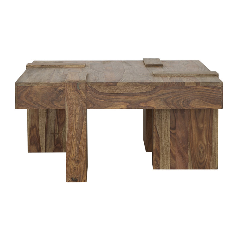 Table basse carrée de 18 po x 36 po x 36 po en bois naturel, de style géométrique et avec table de soutien, 18 po de hauteur, avec base au design équilibré