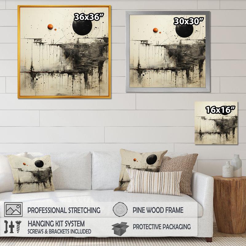 «Gray and Black Fantasy Horizon», reproduction d'art sur toile abstraite, Cadre flottant noir, H 16 po x l 16 po x P 1 po