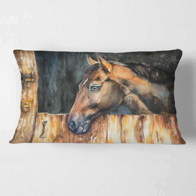 Rectangle, tête de cheval dans l'écurie - Coussin décoratif imprimé maison de campagne