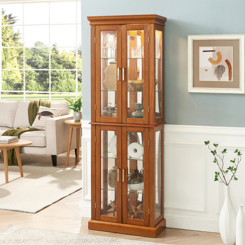 6 Tier Curio Cabinet In Oak With Mirrored Back & Magnetic Hardware Display 4 Adjustable Glass Shelves, Oak