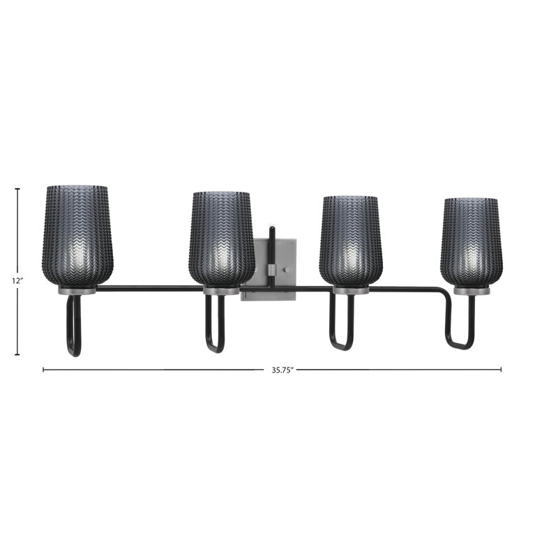 Barre d'éclairage de salle de bain 4 lumières Amarmula, noir mat et finition graphite, verre texturé fumé 5 po, Noir / nickel