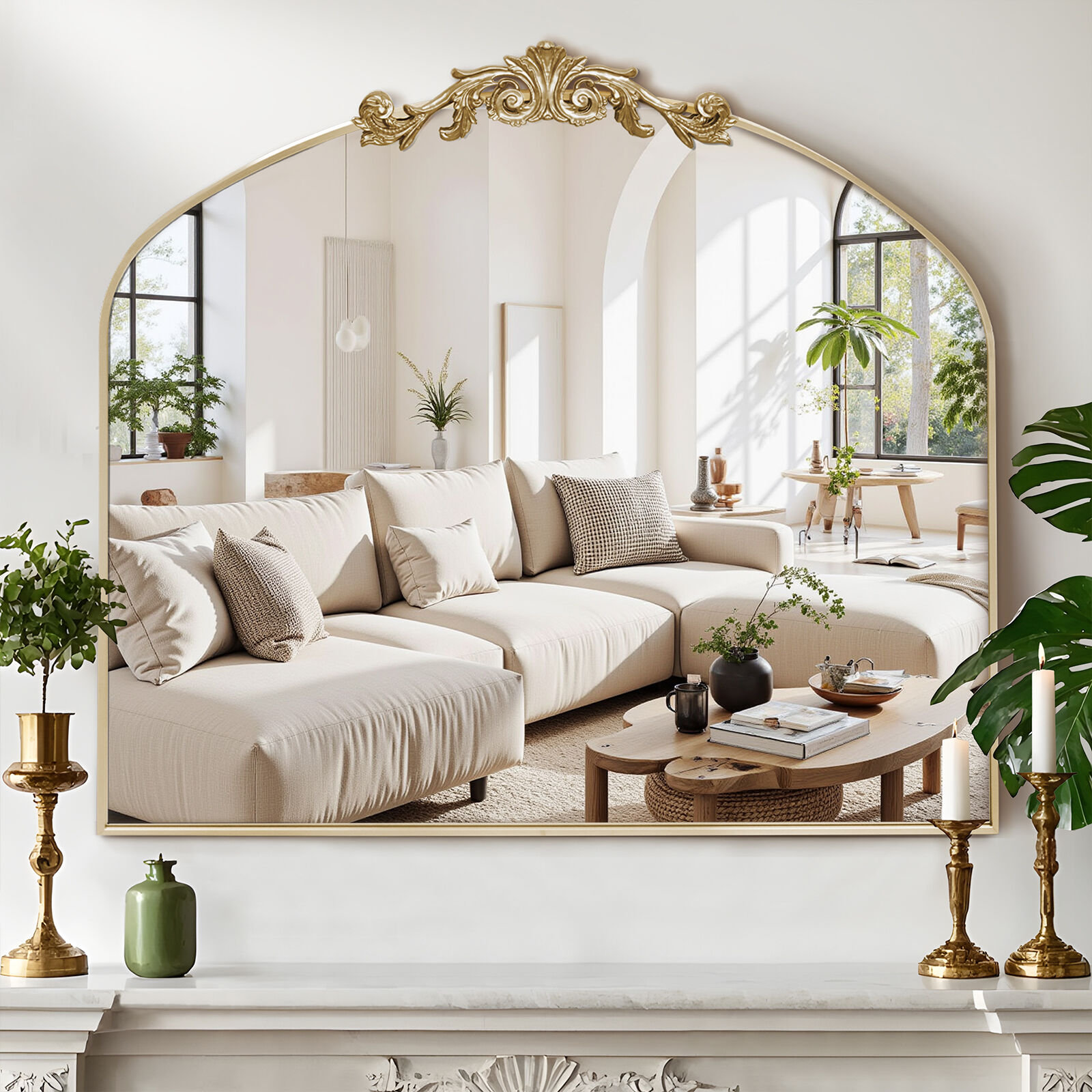 36x30 Inch Ornate Vintage Arch Acent Wall Mirror - Retro Gold