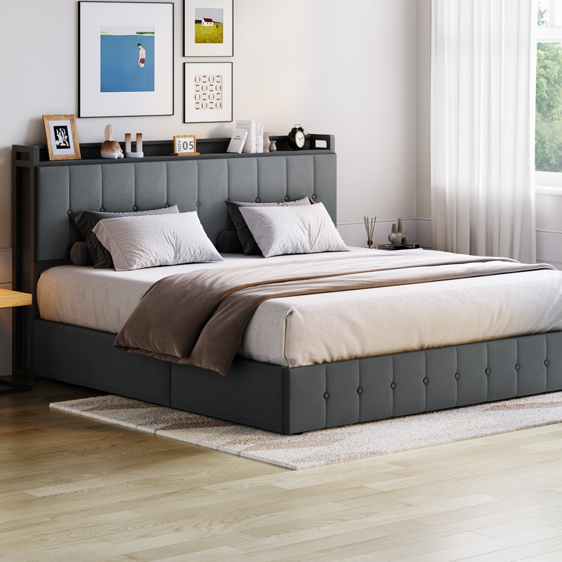 Très grande base de lit rembourrée hydraulique en velours avec tête de lit et rangement, aucun sommier nécessaire, gris, Gris