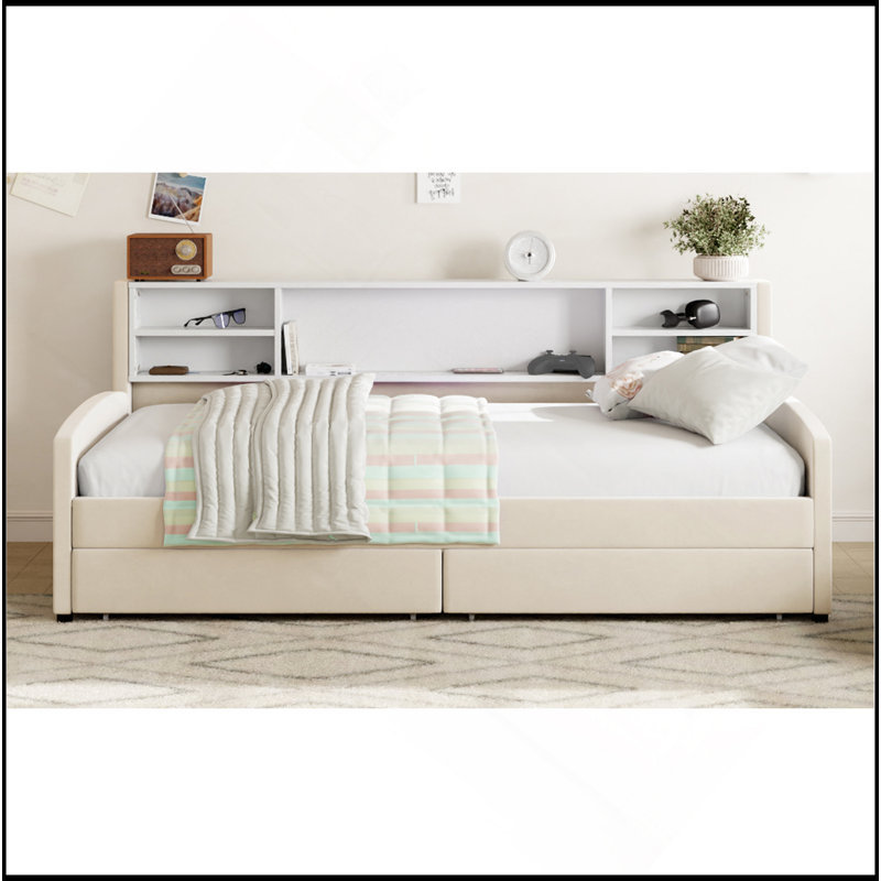 Lit plateforme simple tapissier avec rangement et tiroirs, Beige