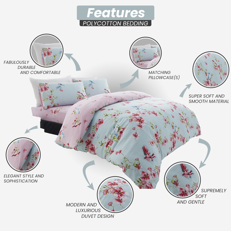 Birdie Blossom Duvet Cover and Pillowcases Set, Polycotton, Machine Washable, Soft Yarn Bedding, Double, Blue