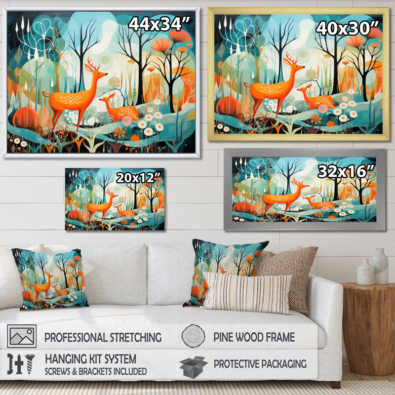Teal Mid Century Mod Nature - Animals Canvas Wall Art, H 12 po x l 20 po x P 1 po, Cadre simple noir