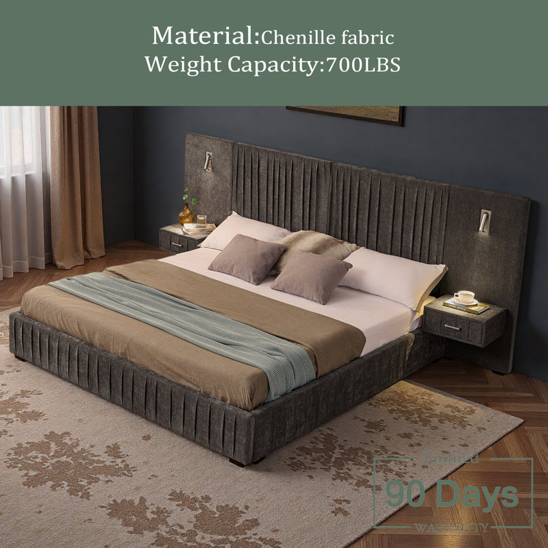 Structure de lit tapissier en tissu chenille avec motif plissé, lit plateforme avec tête de lit et table de chevet. Aucun sommier nécessaire