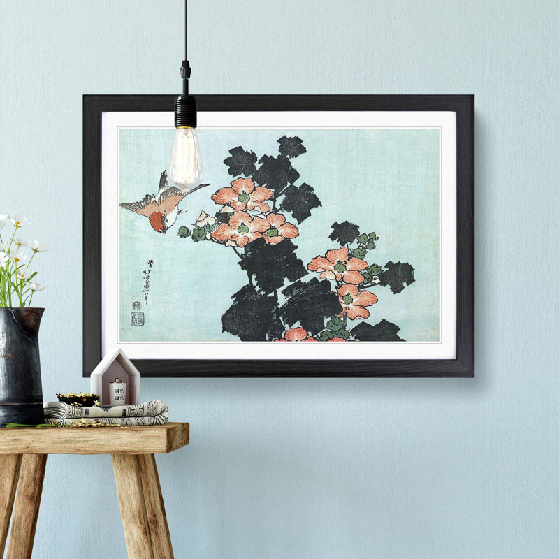 Hibiscus and Sparrow by Katsushika Hokusai - Picture Frame Painting Print on MDF, 36cm H x 48cm W x 2cm D, Black Framed