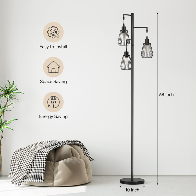 68.5" Industrial Black Tree Floor Lamp with 3 Bulbs Included