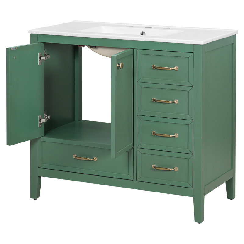 36" Bathroom Vanity with Sink, Bathroom Cabinet with Soft-Closing Door, 4 Drawers of Different Sizes, Solid Wood Frame and Leg, One Package, Green
