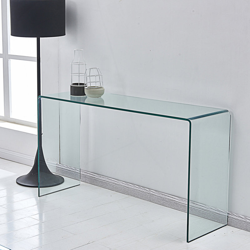 Console en verre moderne moderne, console en verre trempé transparent avec bords arrondis, table de canapé