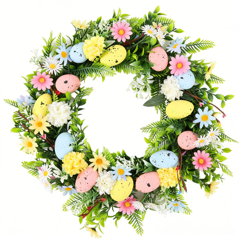 Couronne de Pâques - œuf de Pâques pastel et couronne de brindilles à fleurs jaunes, porte d'entrée à ressort et décoration intérieure des Fêtes