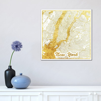 New York Gold Leaf Urban Blueprint Map by Hubert Roguski - Wrapped Canvas Print