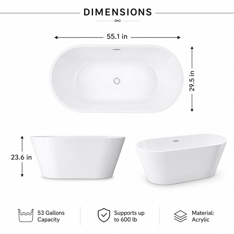 Baignoire autoportante en acrylique de 55 po, baignoire autoportante, certifiée Cupc, finition blanc brillant (blanc, 55 po)