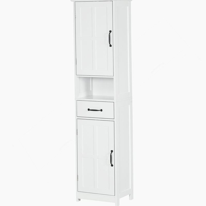 Slim Bathroom Storage Cabinet, Tall Bathroom Cabinet, Linen Tower With Open Shelf, Drawer, Recessed Doors, And Adjustable Shelves, White