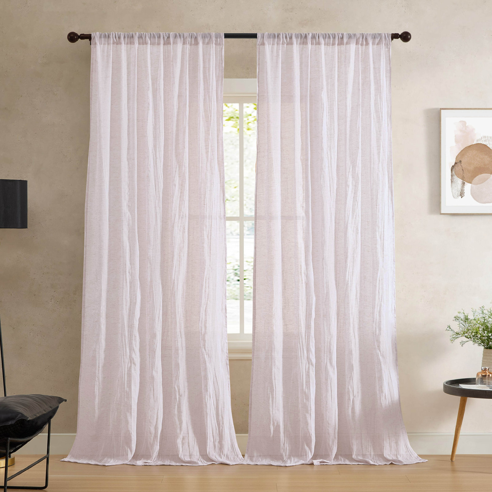 Solid Semi-Sheer Curtain Panel Set, 50" W x 108" L, Light Beige