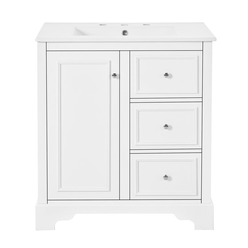 Bathroom vanity cabinet with ceramic basin, adjustable shelves, White