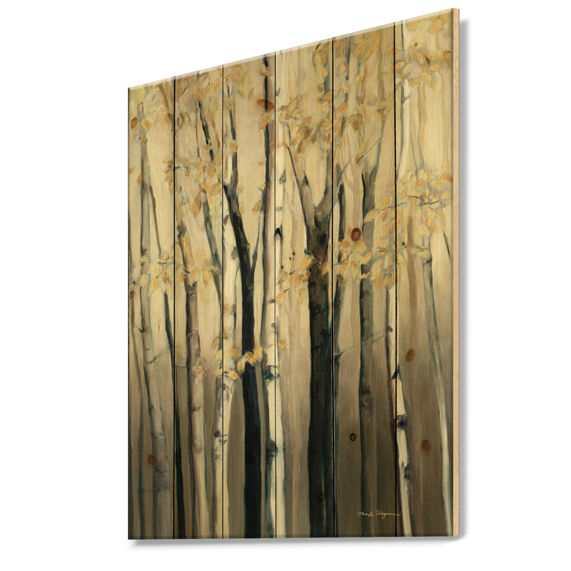 Golden Birch Forest III - impression de campagne sur bois de pin naturel, H 20 po x l 12 po x P 1po