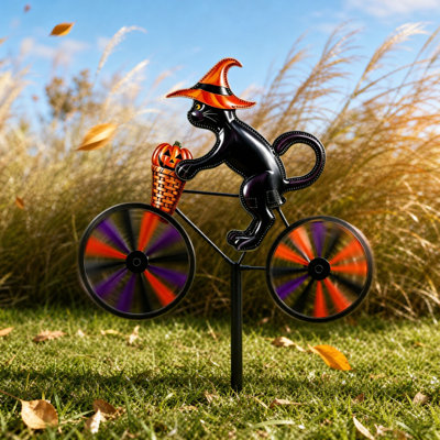 Witch Ghost Cycling Iron Floor Pole Halloween  Witch Bicycle Wind  Yard Stake Metal Pumpkin Bike Windmill Garden Decor Outdoor  Halloween  Ornament For Fall Patio