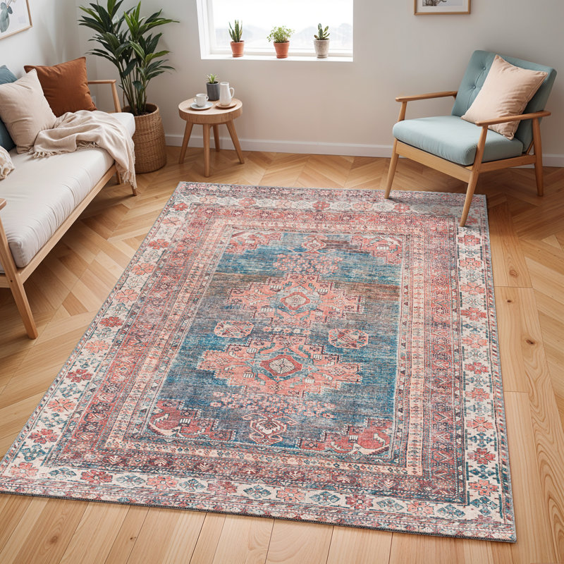 Amneris Machine Washable Traditionnal Boho Coral Runner Rug, Rectangle 200 x 275cm