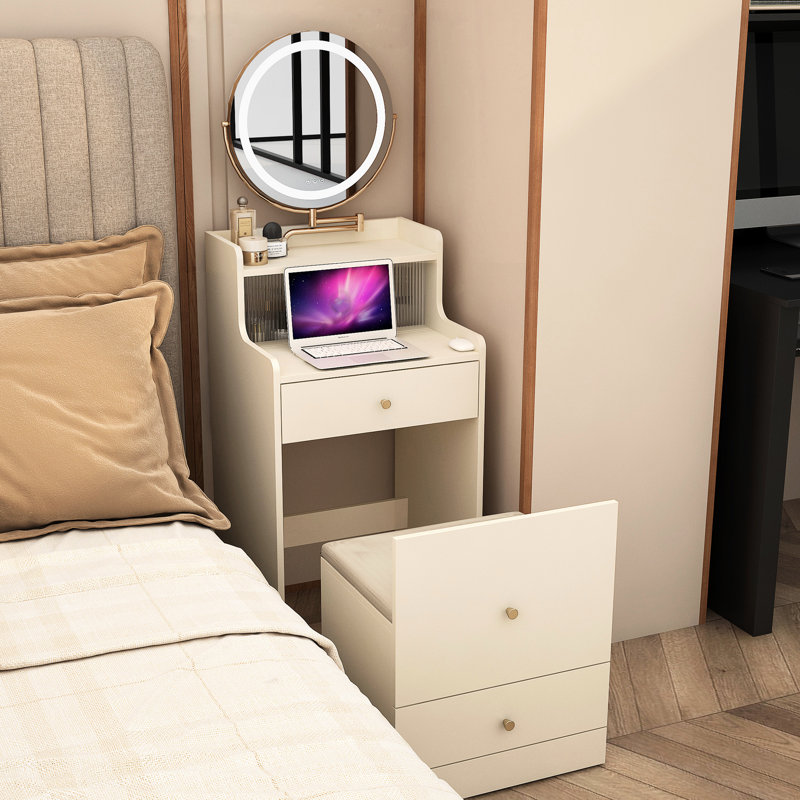 Bureau de coiffeuse 3 en 1 avec miroir illuminé, station de charge avantageuse, 2 tiroirs et espace de rangement ouvert, tabouret rembourré, miroir lumineux et de charge jaune, rangement spacieux, tiroirs, commode