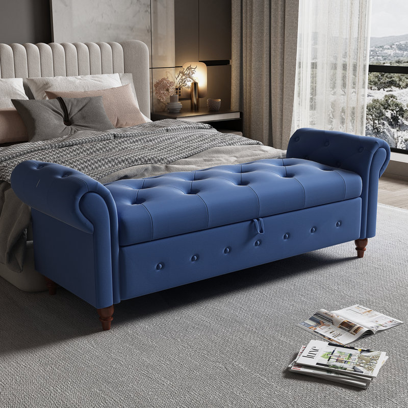 63" Bed Bench Tufted Fabric, Navy Blue Polyester