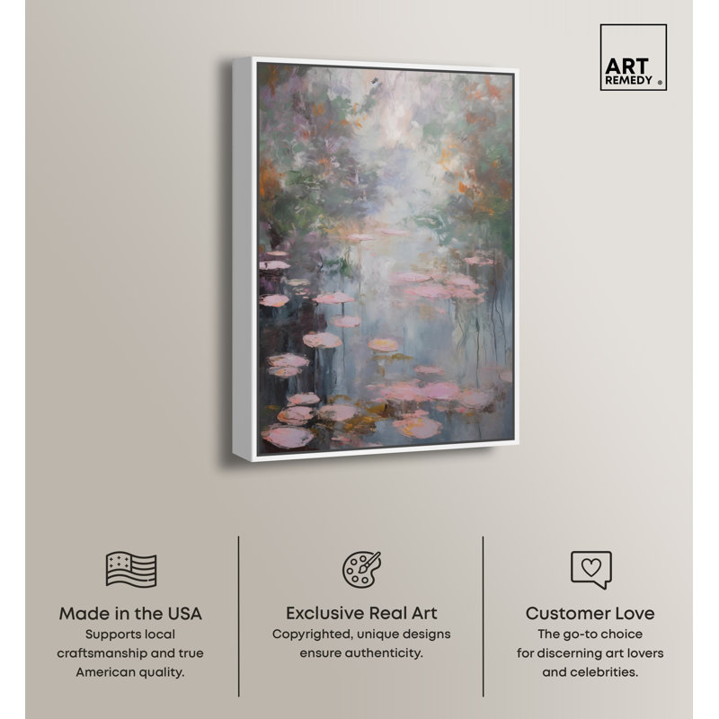 Vincent Van Gogh Inspired Pink Lilypads Canvas Print in White Frame