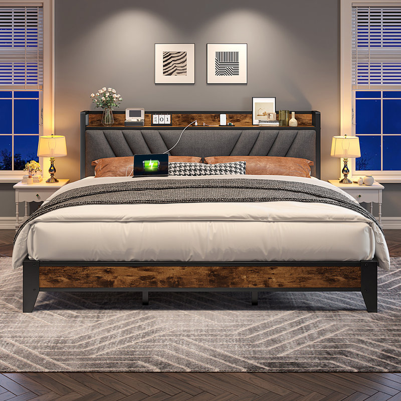 Bed Frame With Power Outlets, Storage Bed Frame With Upholstered Headboard, King