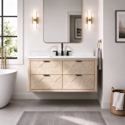 48" Floating Single Sink Solid Wood Natural Oak Bath Vanity with Engineered Marble Top