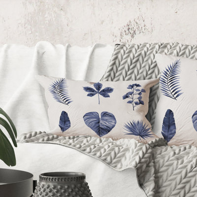 Rectangle, abstrait bleu, ensemble de feuilles de plantes - coussin décoratif traditionnel imprimé