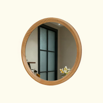 Natural Wood Round Wall Mirror,Minimalist Decorative Mirror for Bathroom Vanity/Living Room (Sleek Solid Wood Frame)