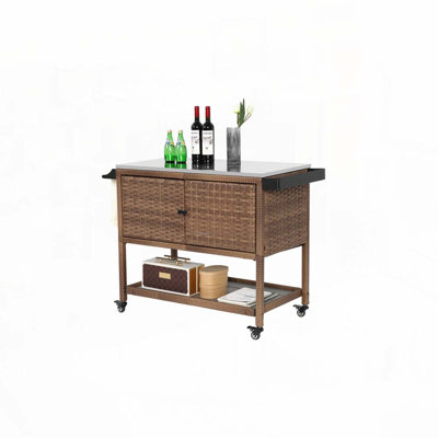 Outdoor Wicker Bar Cart with stainless steel Top for Porch Backyard Garden Poolside Party