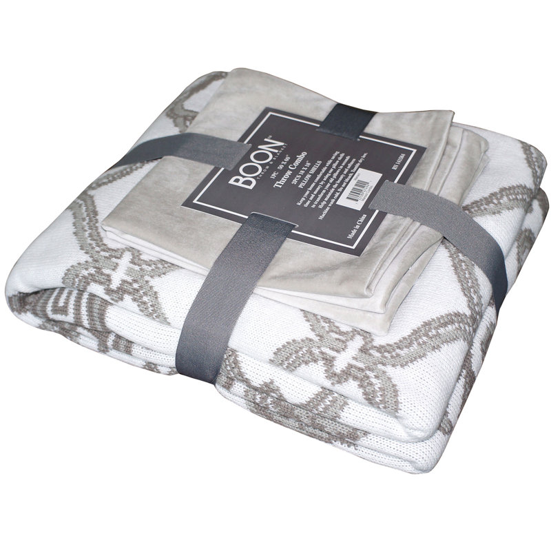 Marisol Gray and White Knitted Reversible Throw Blanket Set