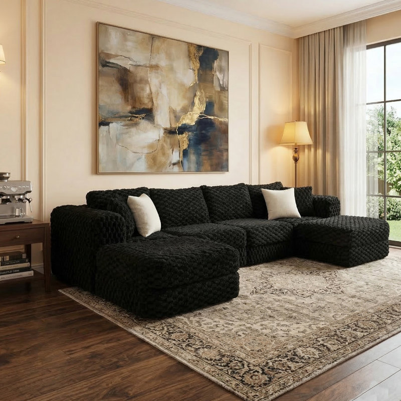 135.4" Modular Sectional Sofa With Two Movable Ottomans, Black Polyester Blend