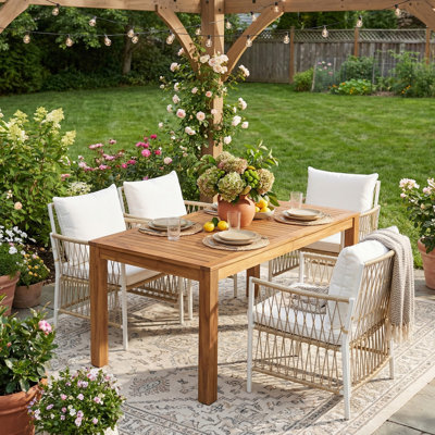 5-Piece Patio Wooden Dining Table Set, Outdoor 67''L Rectangular Table with 4 Rattan Arm Chairs for Poolside, Backyard, Garden