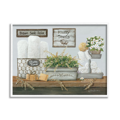 Country Washroom Counter Still Life Bathroom Towel White Framed Giclee Texturized Art by Pam Britton