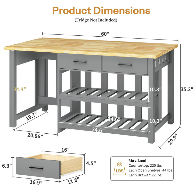 60"Solid Wood Kitchen Island with Storage and Power Outlets, Extra Large Solid Wood Tabletop with Fridge Space,  2 Drawers  for Kitchen Dining Room, Farmhouse Style