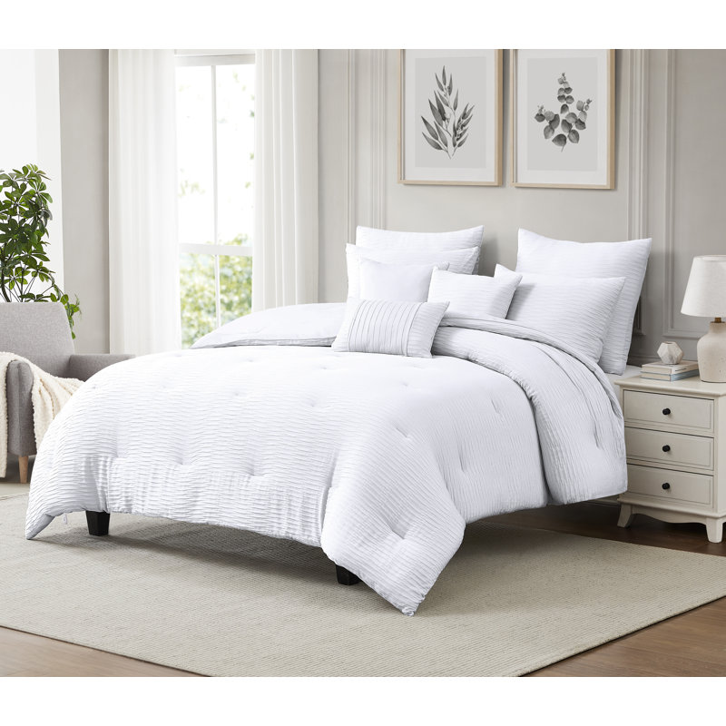 Ensemble d'édredon en microfibre avec coussins décoratifs Bryce Waffle, Édredon grand + 7 articles supplémentaires, Blanc