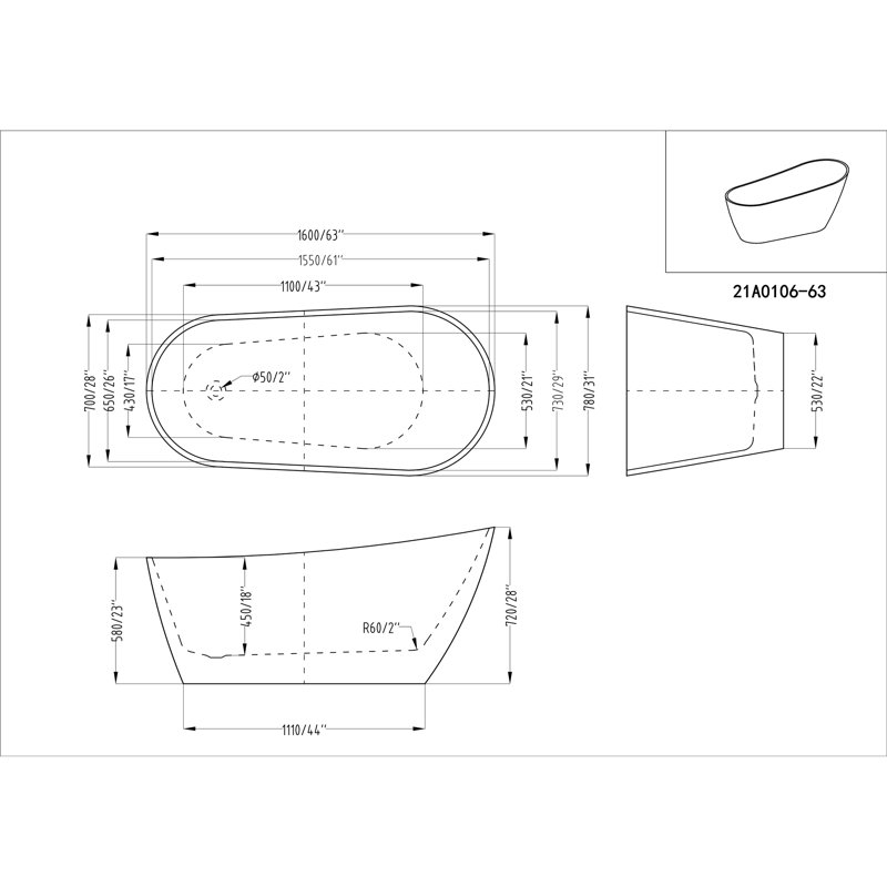 63'' x 31'' Freestanding Soaking Acrylic Bathtub