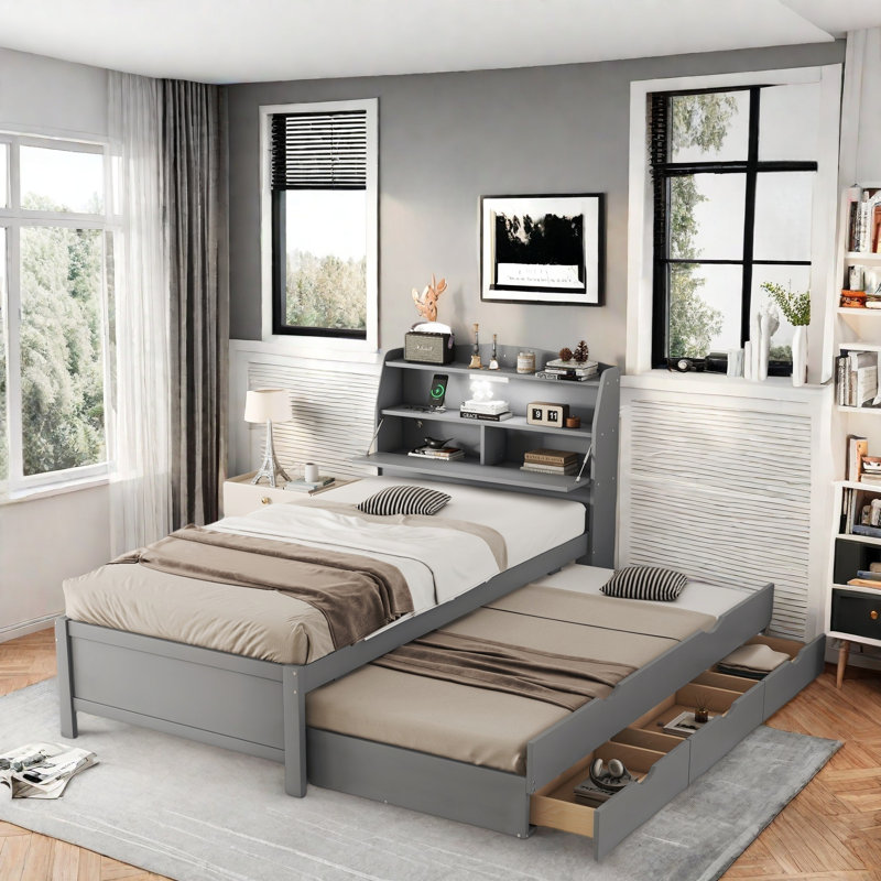 Lit plateforme en bois avec lit gigogne, tête de lit et tiroirs de rangement, Gris, Simple