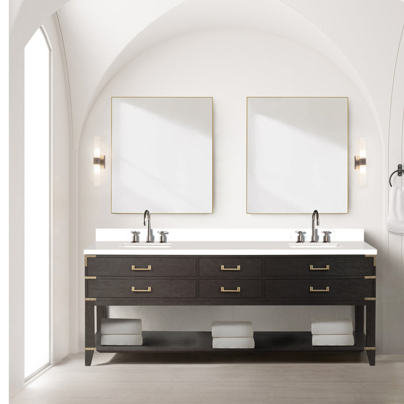 Meuble-lavabo double l 84 po x P 22 po avec plateau en marbre de culture, Chêne brun