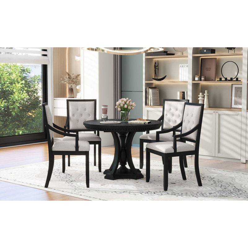 Table à rallonge avec 4 chaises et 5 chaises au design rétro (chêne noir rond chêne noir - sensation forte)