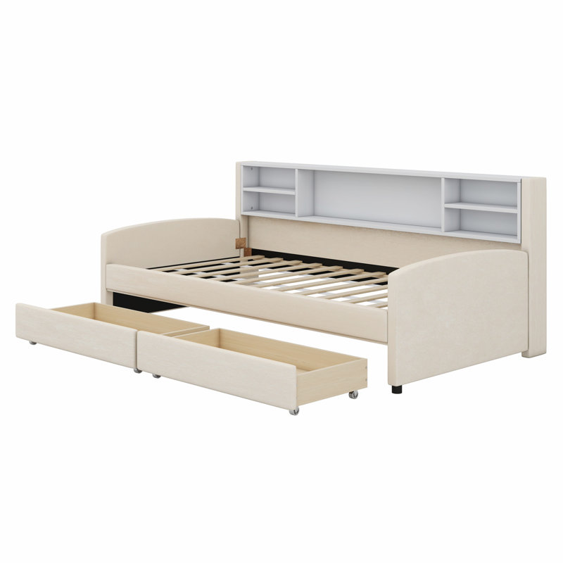 Upholstered Platform Bed With Storage And Drawers, Beige