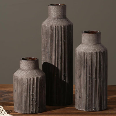 Farmhouse Ceramic Vase Set Of 3, Vintage Ribbed Flower Vases For Home Decor, Rustic Centerpiece For Living Room, Shelf, Dining Table, And Farmhouse Style Interior