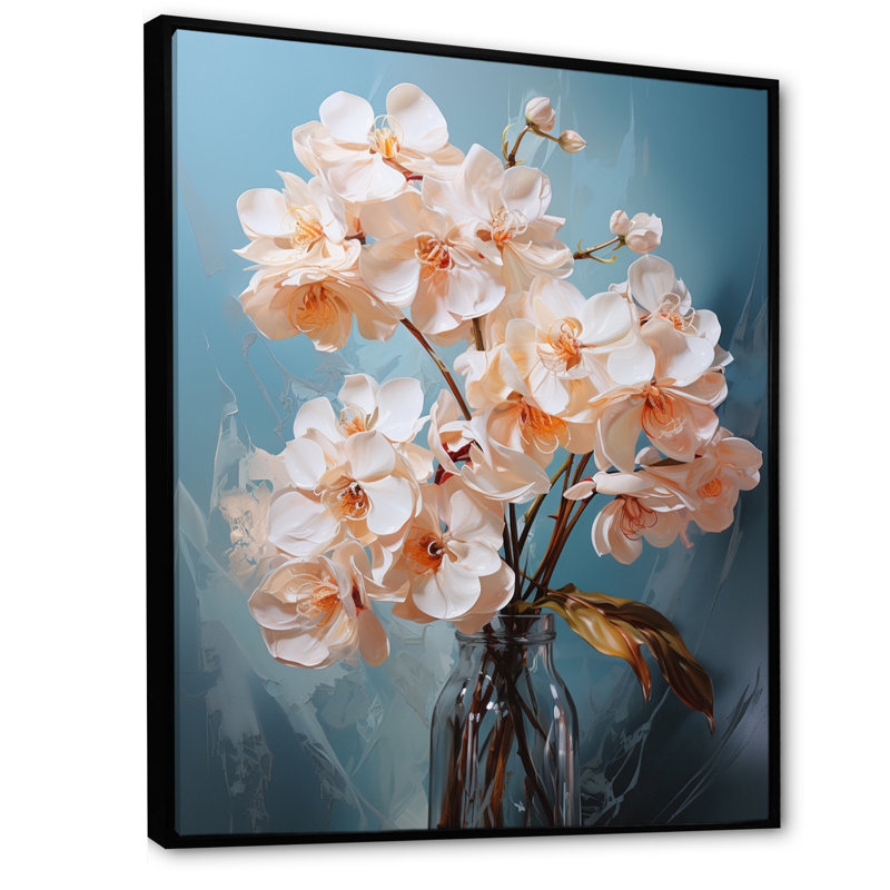 «Peach Blue Orchids», impression romantique sur toile, Cadre flottant noir, H 40 po x l 30 po x P 1,5 po