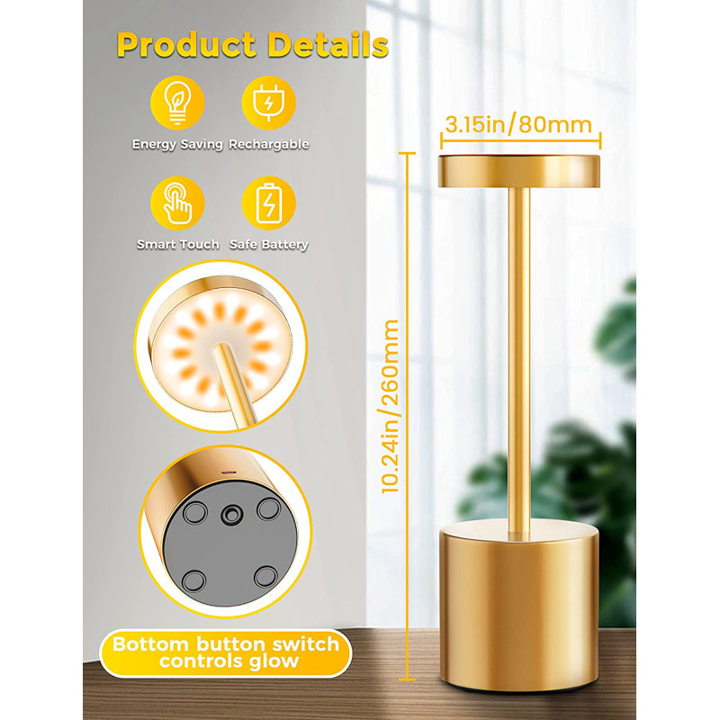 Cordless Table Lamp Touch Rechargeable Desk Lamps 2700K/4000K/5000K, Gold, 10" H x 3.14" W x 3.14" D